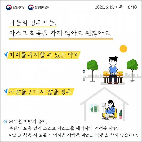 거리를 유지할 수 있는 야외, 사람을 만나지 않는 경, 24개월 미만의 유아, 주변의 도움 없이 스스로 마스크 제거가 어려울 경우, 마스크 착용이 호흡이 어려운 사람은 마스크를 착용하지 않습니다